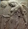 Roman relief showing a Maenad holding a thyrsus, 120–140 AD. Prado Museum, Madrid.