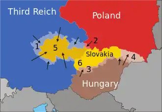 Image 9All territories taken from Czechoslovakia by its neighbours in October 1938 ("Munich Dictate") and March 1939 (from Causes of World War II)