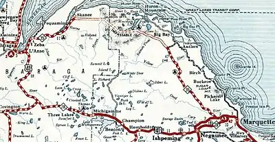 A section of the 1932 Michigan State Dept. of Highways road map showing M-35 in northern Marquette and Baraga counties