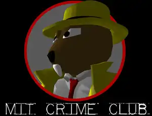 A cartoon beaver wearing a yellow trenchcoat and fedora, white shirt, and red tie, on a gray and red field, above the words "MIT CRIME CLUB"