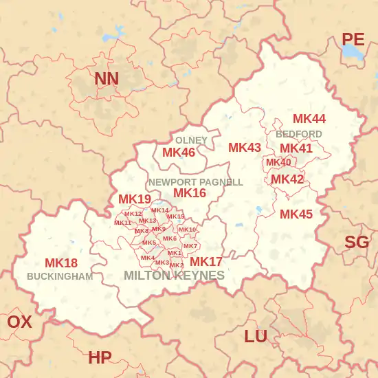 MK postcode area map, showing postcode districts, post towns and neighbouring postcode areas.