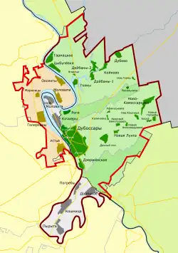 Map of Dubăsari District (green and grey). Green areas are controlled by Transnistria. Grey areas are controlled by Moldova. Brown, grey and dark green areas are moldovan Dubăsari District.