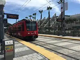 A Green Line trolley at Convention Center station