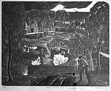 A landscape etching by Iain Macnab, Spring Landscape, Tossa c1945 showing a farmworker, village and rural scene in fine detail.