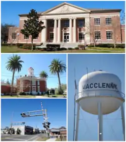 Top, left to right: Baker County Courthouse, Old Baker County Courthouse, railroad crossing in the historic district, water tower