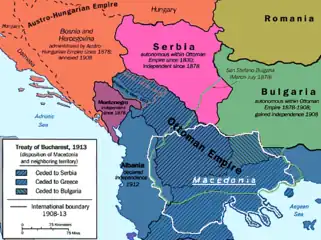 Disposition of territories occupied during Balkan Wars according to Treaty of Bucharest (1913).