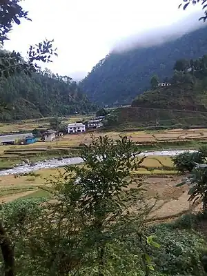 Machcchi Village (Okharkot) with Gartang Khola in the foreground