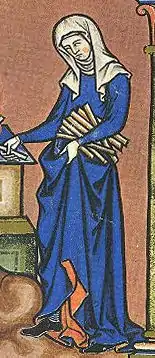 1 – From the Morgan Bible, c. 1250: the wife of Manoah wears a veil and wimple. Note striped hose.