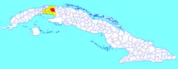 Madruga municipality (red) within  Mayabeque Province (yellow) and Cuba