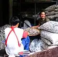 Workers cleaning dried anchovies at a market in Mae Sot, Thailand