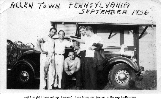 Leonard Maffei with his crew of relatives and friends at a rest stop on the road towards the 1936 national championship race in St. Louis.