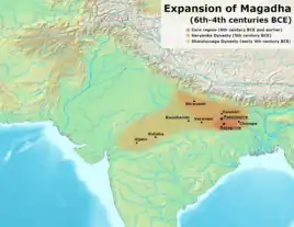 The approximate extent of the Haryanka dynasty between the 6th and 5th century BCE.