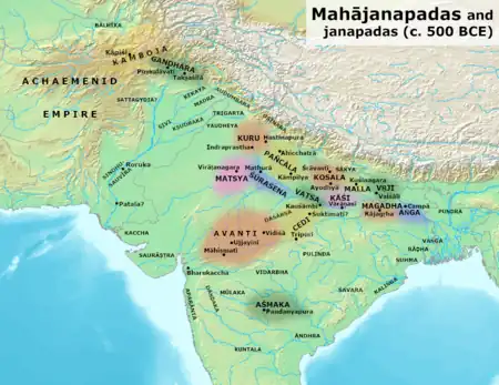 The Mahajanapadas in the post-Vedic period. Moriya was to the east of Sakya, northeast of Kosala, and west of Malla.