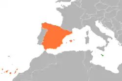 Map indicating locations of Malta and Spain