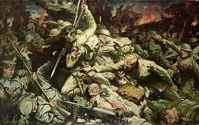 Image 3'The Welsh at Mametz Wood' painted by Christopher Williams, commissioned by Secretary of State for War at the time, David Lloyd George. (from History of Wales)