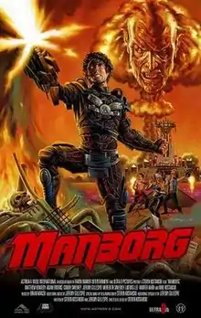 Manborg, a soldier who is part human and part machine, fires his weapon, while the face of the evil Count Draculon appears in a mushroom cloud behind him.