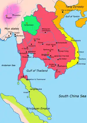 Image 10Map of South-east Asia c. 900 CE, showing the Khmer Empire in red, Champa in yellow and Haripunjaya in light green, plus additional surrounding states (from History of Cambodia)