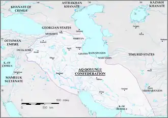 The Aq Qoyunlu confederation at its greatest extent under Uzun Hasan