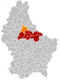 Map of Luxembourg with Bourscheid highlighted in orange, the rest of the Diekirch canton in red