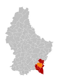 Map of Luxembourg with Bous highlighted in orange, and the canton in dark red