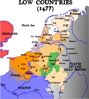 Image 34The Seventeen Provinces, and the Prince-Bishopric of Liège in green (from History of Belgium)