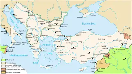 Map showing the extent of the Byzantine Empire in 1025 in cream, along with later annexations in deep red, protectorates in ochre, and Muslim territories in green