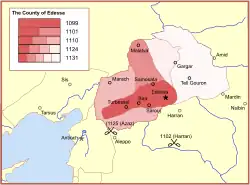 A map showing five phases of the expansion of the county, especially to the north and east