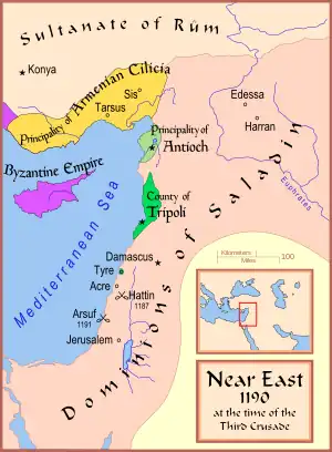 Map presenting Tyre and the regions of Antioch and Tripoli as the last remnants of the crusader states, surrounded by Saladin's empire