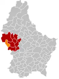 Map of Luxembourg with Ell highlighted in orange, and the canton in dark red