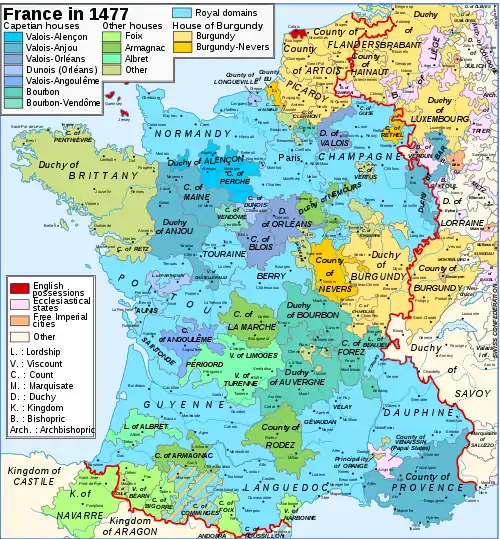 Map of France in 1477, showing the duchy of Bar in "Valois-Anjou" colours