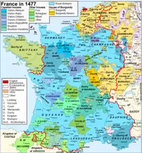 In blue, the allied powers to the County of Blois by 1477. It represents half of the Kingdom of France.