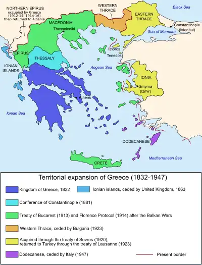 Territory evolution of Greece from 1832 to 1947. Land acquired after the Balkan Wars is shown in green (1913), orange (1923) and pink (1947).