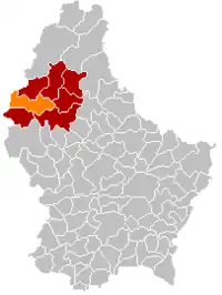 Map of Luxembourg with Lac de la Haute-Sûre highlighted in orange, and the canton in dark red