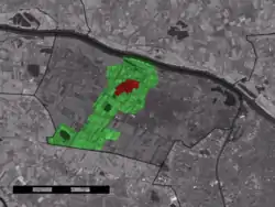 The village centre (red) and the statistical district (light green) of Ewijk in the municipality of Beuningen.