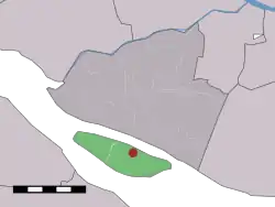 The former hamlet (dark red) and the statistical district (light green) of Tiengemeten in the former municipality of Korendijk.