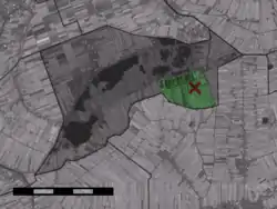 The hamlet (dark red) and the statistical district (light green) of Achttienhoven in the municipality of Nieuwkoop.