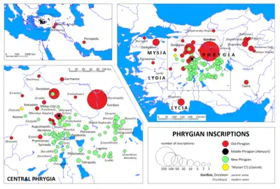 Map showing where Phrygian inscriptions have been found.