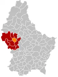 Map of Luxembourg with Préizerdaul highlighted in orange, and the canton in dark red