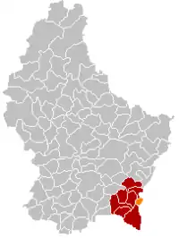 Map of Luxembourg with Remich highlighted in orange, and the canton in dark red