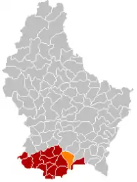 Map of Luxembourg with Roeser highlighted in orange, and the canton in dark red