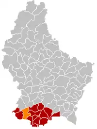 Map of Luxembourg with Sanem highlighted in orange, and the canton in dark red