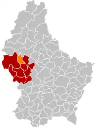 Map of Luxembourg with Wahl highlighted in orange, and the canton in dark red