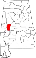 Map of Alabama highlighting Hale County