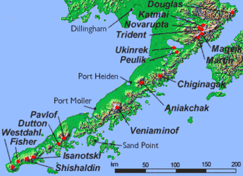 Map showing volcanoes of Alaska Peninsula.