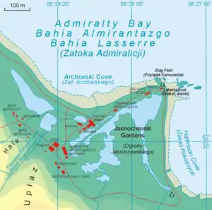 The map of the Henryk Arctowski Polish Antarctic Station and its surroundings, including the coast of the Halfmoon Cove.