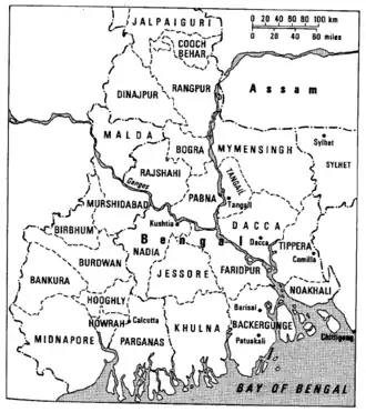  Line-drawing map of Bengal in 1943. All of its large political districts are shown and labelled.