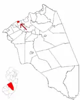 Location of Beverly in Burlington County highlighted in red (right). Inset map: Location of Burlington County in New Jersey highlighted in red (left).