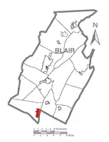 Claysburg (depicted in red) in Blair County