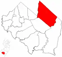 Map of Vineland City in Cumberland County, which includes the former Vineland Borough and Landis Township. Inset: Location of Cumberland County highlighted in New Jersey.