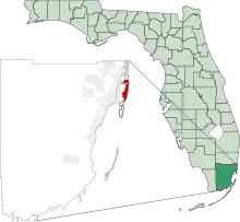 Location of Miami Beach in Miami-Dade County and of Miami-Dade County in Florida